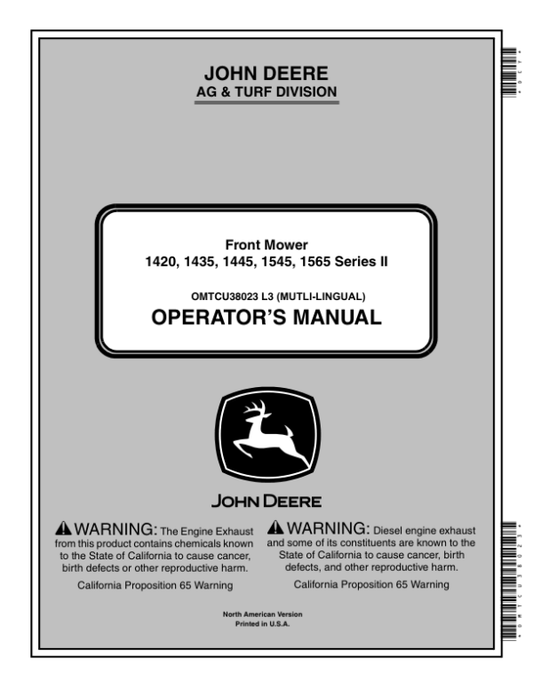 John Deere FRONT MOWER 1420 1435 1445 (130001-) 1545 (110001-) 1565 (120001-) SERIES II Operator’s Manual (OMTCU38023) Workshop Guide