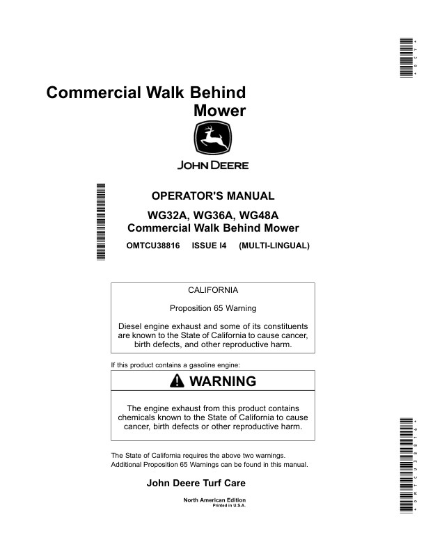 John Deere Commercial Walk Behind Mower (North American) Operator’s Manual (OMTCU38816) Workshop Guide