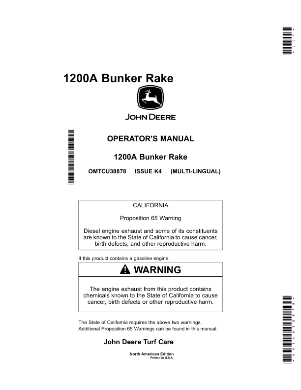 John Deere 1200A Bunker & Field Rake North America (220001-230000) Operator’s Manual (OMTCU38878) Workshop Guide