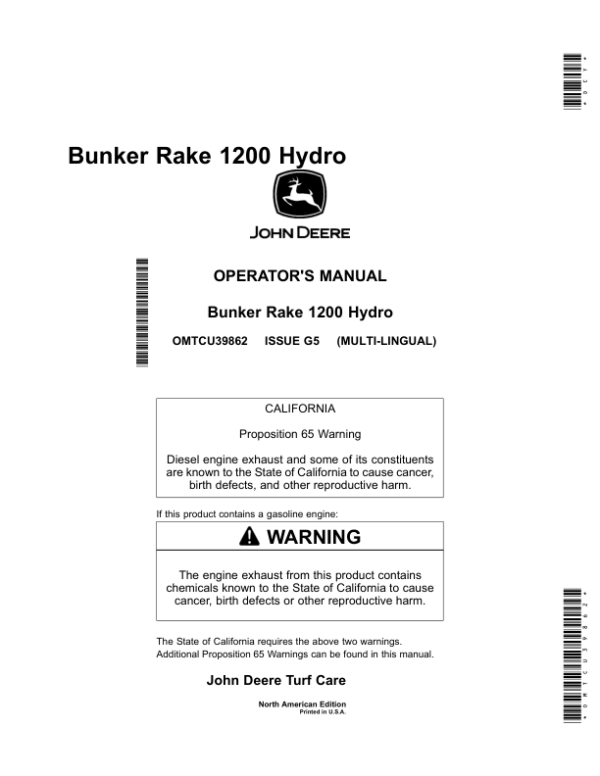 John Deere 1200H Bunker & Field Rake North America (085001-) Operator’s Manual (OMTCU39862) Workshop Guide