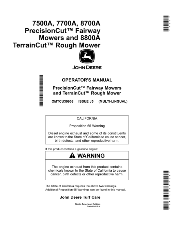 John Deere 7500A, 7700A, & 8700APrecisionCut Fairway Mowers & 8800A TerrainCut Rough Mower North America (030001- ) Operator’s Manual (OMTCU39908) Workshop Guide