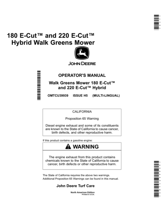 John Deere 180 E-Cut, 220 E-Cut Hybrid Walk Greens Mower (North American) Operator’s Manual (OMTCU39939) Workshop Guide