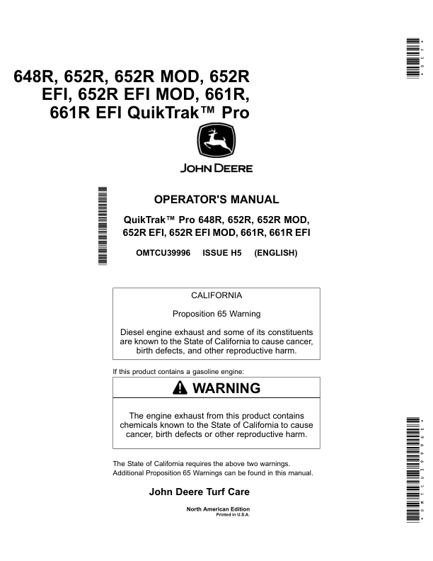 John Deere 648R, 652R, 652R MOD, 652R EFI, 652R EFI MOD, 661R, 661R EFI QuikTrak Pro Mowers (North America) (035001-040000) Operator’s Manual (OMTCU39996E) Workshop Guide