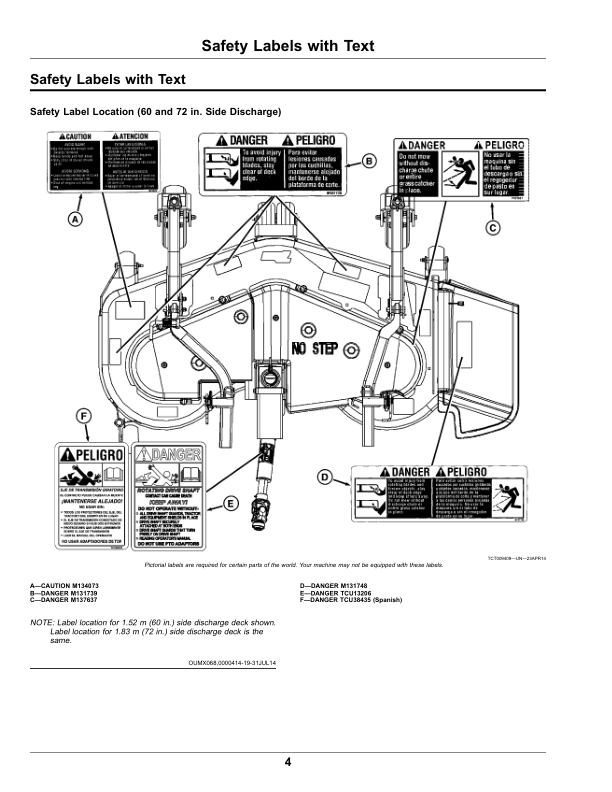John Deere 60, 72 Inch Side Discharge, 62 Inch Rear Discharge Mower Decks for Front Mount Mowers (030001-) (North American) Operator’s Manual (OMTCU40173) Workshop Guide