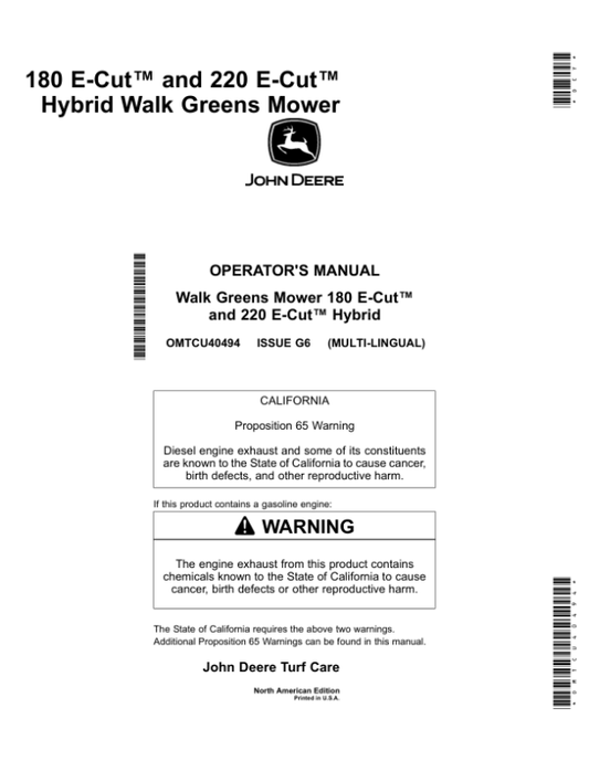 John Deere 180 E-Cut, 220 E-Cut Hybrid Walk Greens Mower (North American) Operator’s Manual (OMTCU40494) Workshop Guide
