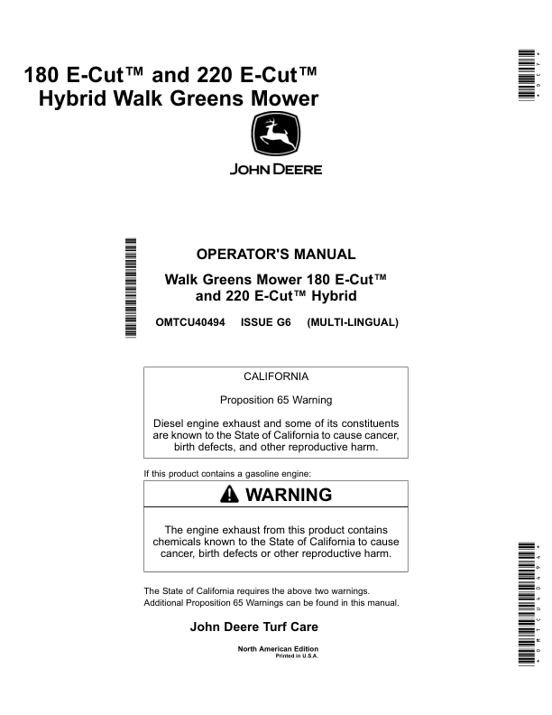 John Deere 180 E-Cut, 220 E-Cut Hybrid Walk Greens Mower (North American) Operator’s Manual (OMTCU40494) Workshop Guide