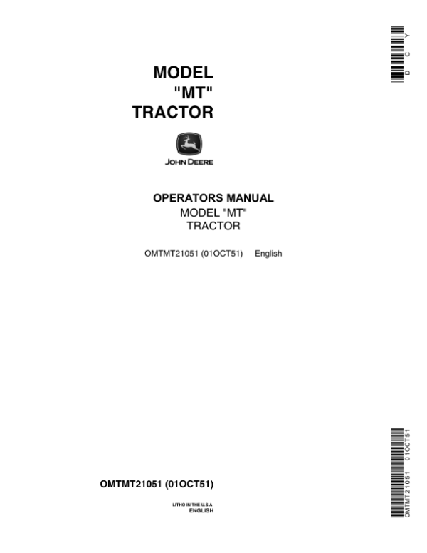 John Deere MT Utility Tractor Operator’s Manual (OMTMT21051) Workshop Guide