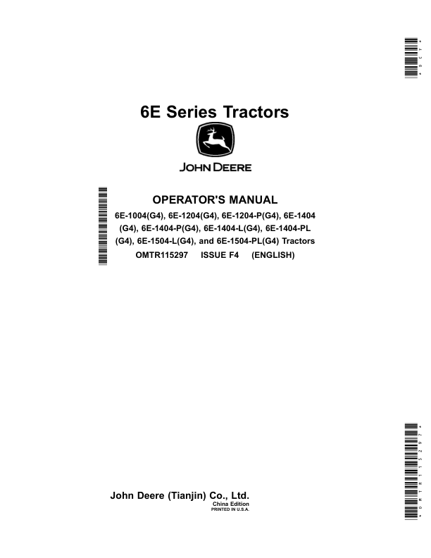 John Deere 6E Series Tractors Operator’s Manual (OMTR115297) Workshop Guide