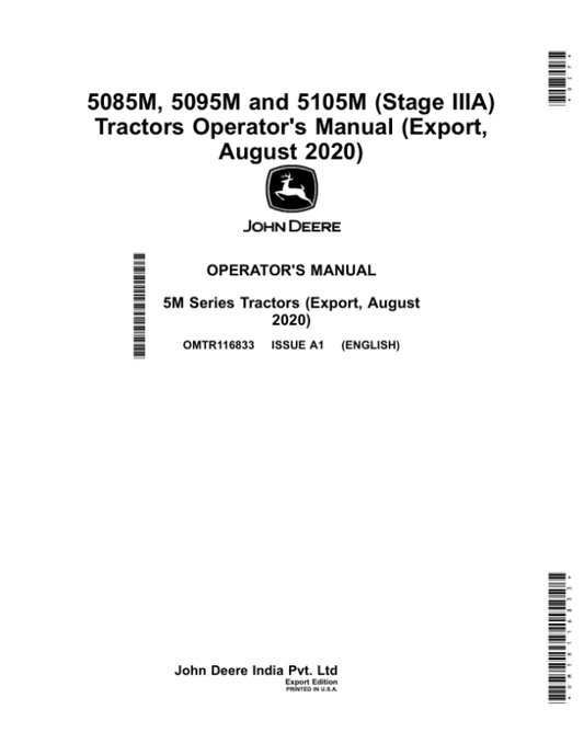 John Deere 5085M, 5095M, 5105M (Stage IIIA) Tractors (Aug2020-) Operator’s Manual (OMTR116833) Workshop Guide