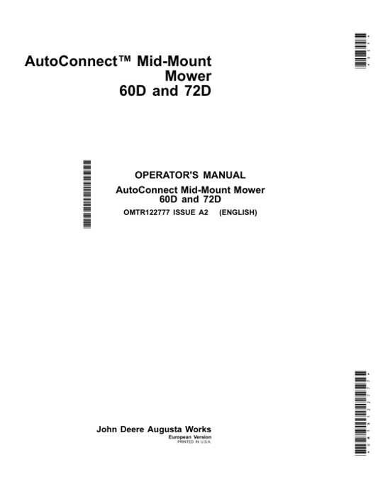 John Deere Mid-Mount Mower 60D, 72D (European Version) Operator’s Manual (OMTR122777) Workshop Guide