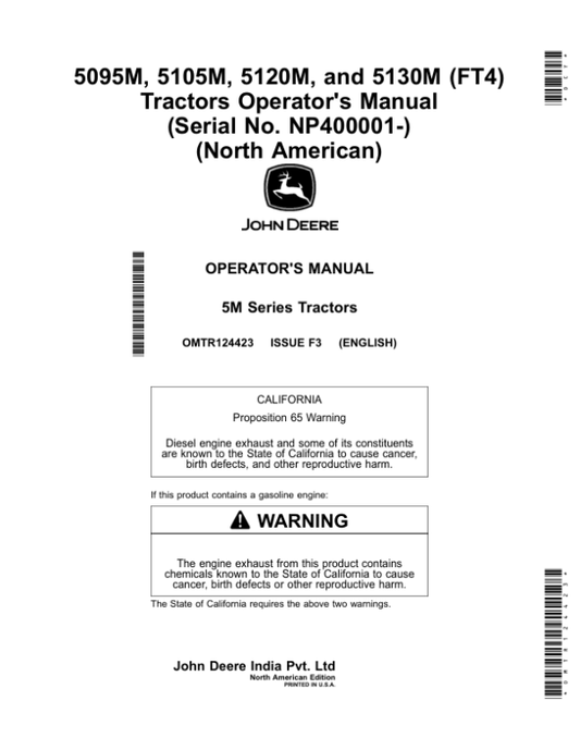 John Deere 5095M, 5105M, 5120M, 5130M (FT4) Tractors (NP400001-) (North American) Operator’s Manual (OMTR124423) Workshop Guide