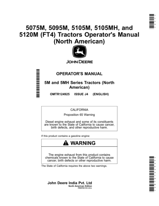 John Deere 5075M, 5095M, 5105M, 5105MH, 5120M (FT4) Tractors (North American) Operator’s Manual (OMTR124925) Workshop Guide