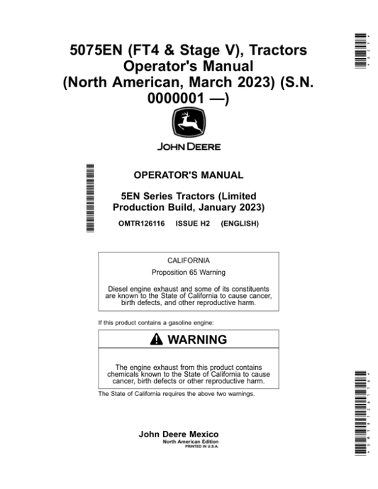 John Deere 5075EN (FT4 & Stage V), Tractors (March 2023, 0000001-) (North American) Operator’s Manual (OMTR126116) Workshop Guide