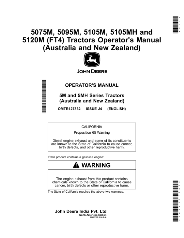 John Deere 5075M, 5095M, 5105M, 5105MH, 5120M (FT4) Tractors (Australia, New Zealand) Operator’s Manual (OMTR127862) Workshop Guide