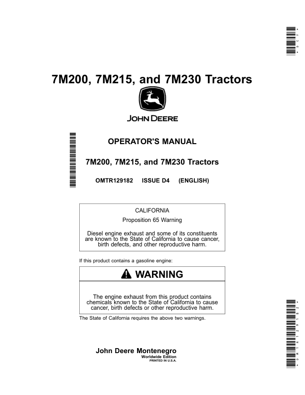 John Deere 7M200, 7M215, 7M230 Tractors Operator’s Manual (OMTR129182) Workshop Guide