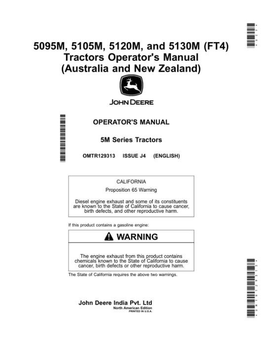 John Deere 5095M, 5105M, 5120M, 5130M (FT4) Tractors(Australia, New Zealand) Operator’s Manual (OMTR129313) Workshop Guide