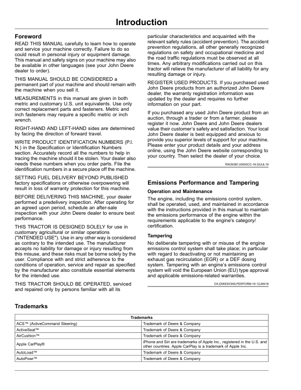 John Deere 9RT Tractors (Serial No. 926001-), Export Edition G2 Operator’s Manual (OMTR129361) Workshop Guide
