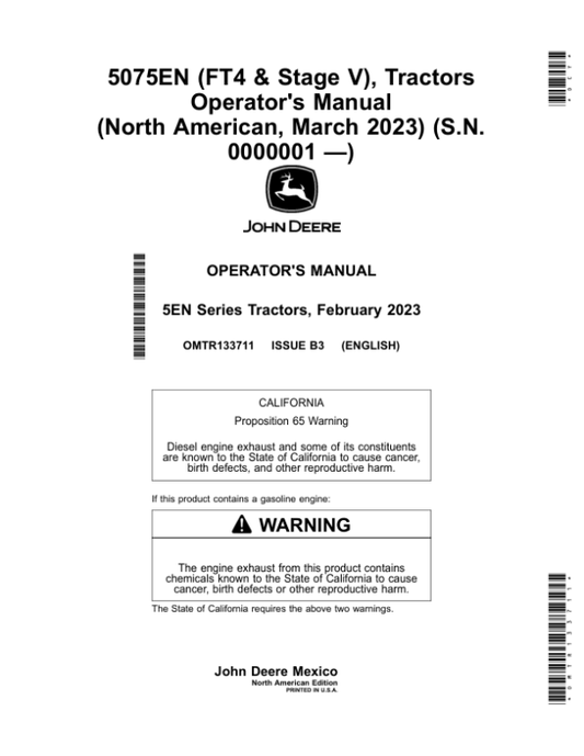 John Deere 5075EN (FT4 & Stage V) Tractors (000001-) (North American, March 2023) Operator’s Manual (OMTR133711) Workshop Guide