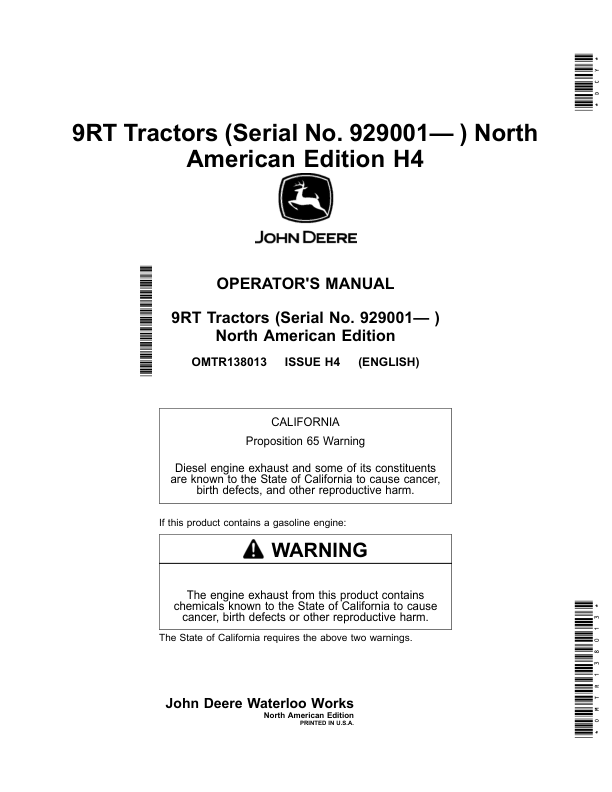 John Deere 9RT Tractors (Serial No. 929001-) North America Operator’s Manual (OMTR138013) Workshop Guide