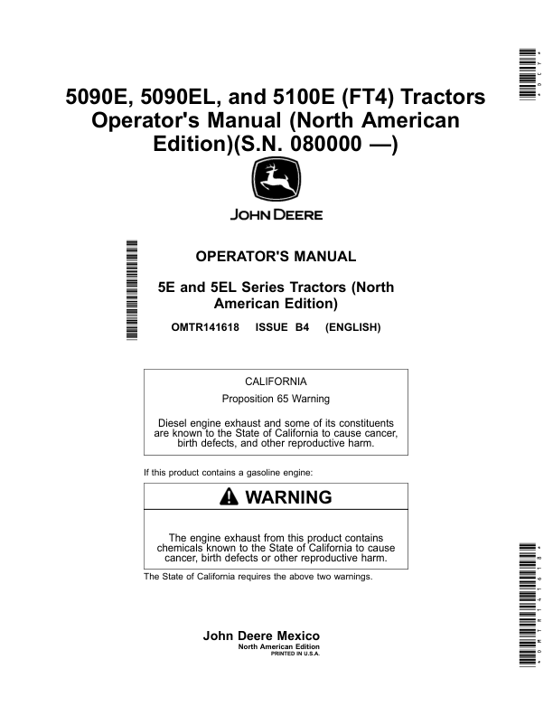 John Deere 5090E, 5090EL, 5100E (FT4) Tractors (080000-) (North American) Operator’s Manual (OMTR141618) Workshop Guide