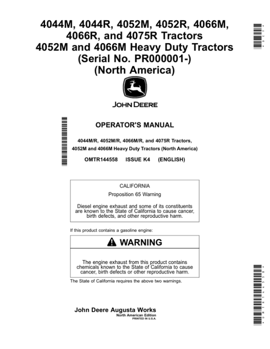 John Deere 4044M, 4044R, 4052M, 4052R, 4066M, 4066R, 4075R Tractors 4052M, 4066M Heavy Duty Tractors (Serial No. PR000001-) (North America) Operator’s Manual (OMTR144558) Workshop Guide