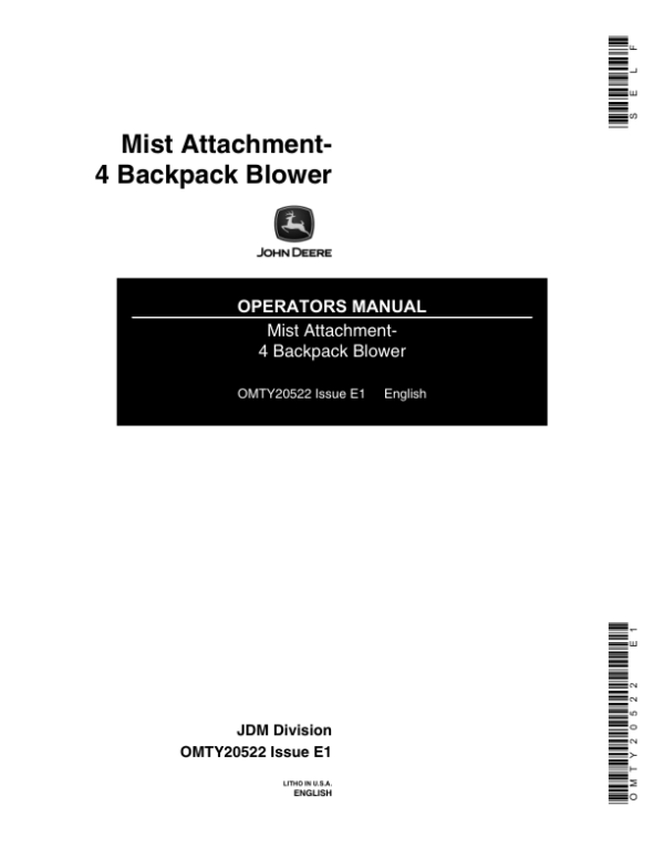 John Deere Mist Attachment Power Blower Operator’s Manual (OMTY20522) Workshop Guide