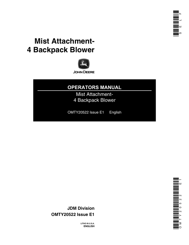 John Deere Mist Attachment Power Blower Operator’s Manual (OMTY20522) Workshop Guide