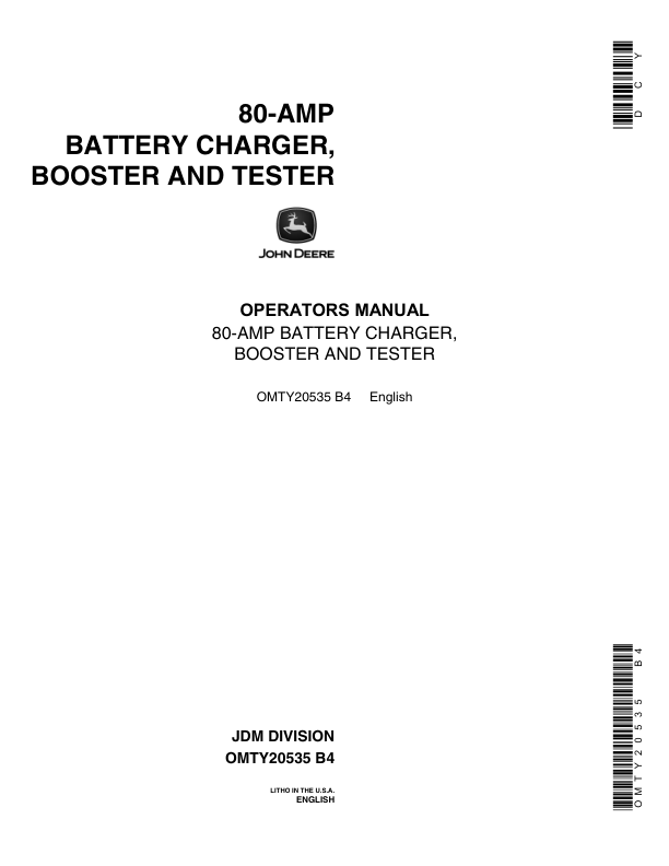 John Deere 80 AMP Battery Charger, Booster & Tester Operator’s Manual (OMTY20535) Workshop Guide
