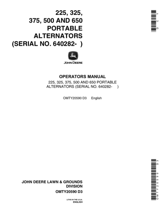 John Deere 225, 325, 375, 500, 650 Portable Alternator Operator’s Manual (OMTY20590) Workshop Guide