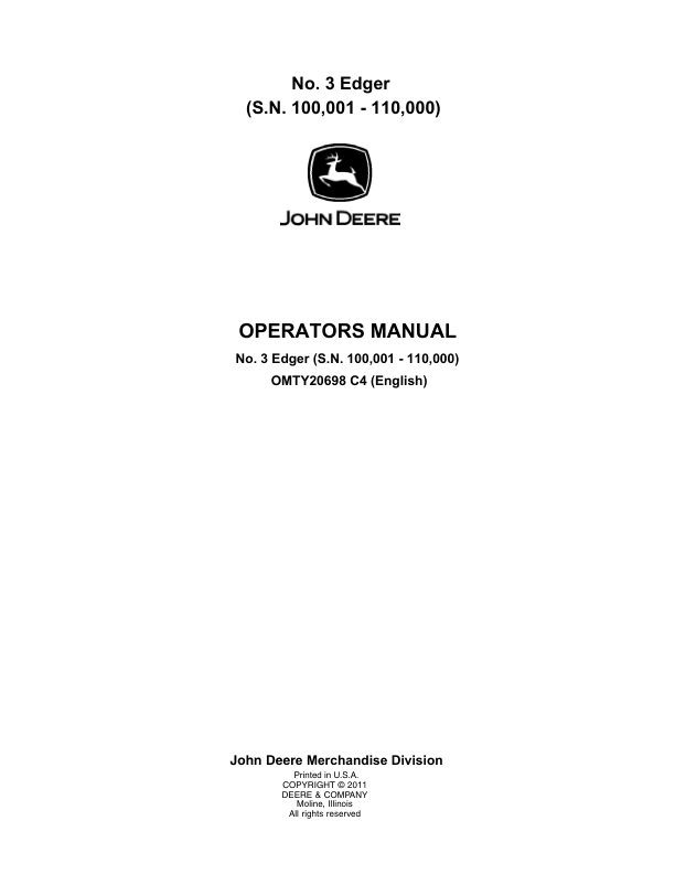 John Deere No. 3 Edgers (100001-110000) Operator’s Manual (OMTY20698) Workshop Guide