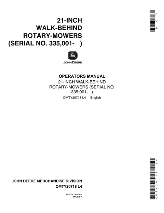John Deere 21SP Walk-Behind Rotary Mower Operator’s Manual (OMTY20718) Workshop Guide