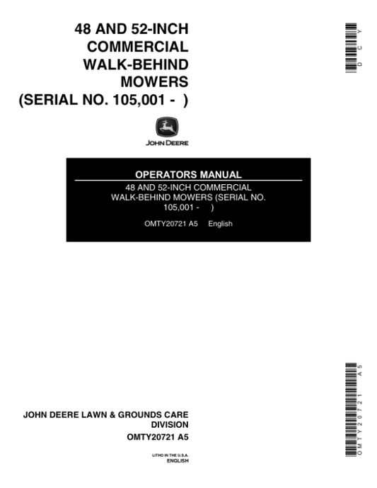 John Deere 48-, 52-Inch Commercial Walk-Behind Mowers Operator’s Manual (OMTY20721) Workshop Guide