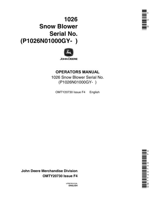 John Deere 1026 Snow Blower Operator’s Manual (OMTY20730) Workshop Guide