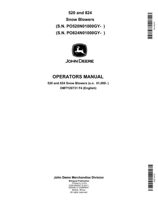 John Deere 520, 824 Snow Blowers (010000-) Operator’s Manual (OMTY20731) Workshop Guide