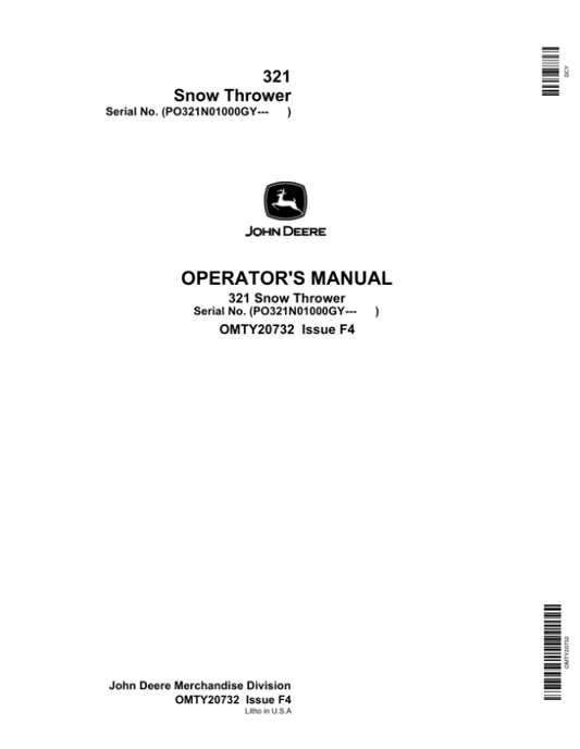John Deere 321 Snow Thrower Operator’s Manual (OMTY20732) Workshop Guide