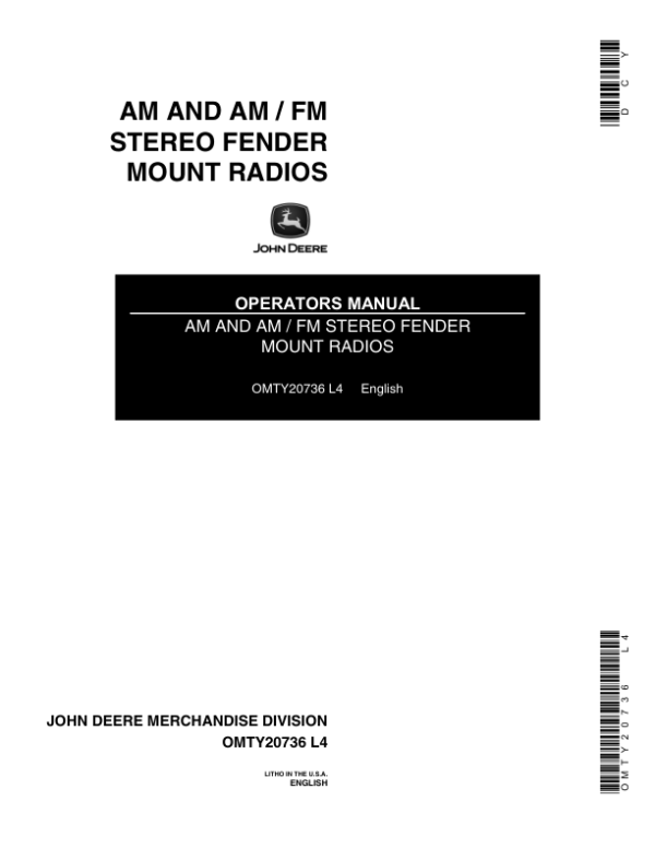 John Deere AM & AM/FM Stereo Fender Mount Radios Operator’s Manual (OMTY20736) Workshop Guide
