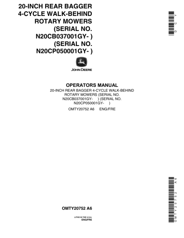 John Deere 20CB, 20CP Walk-Behind Rotary Mowers Operator’s Manual (OMTY20752) Workshop Guide