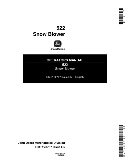 John Deere 522 Snow Blower Operator’s Manual (OMTY20767) Workshop Guide