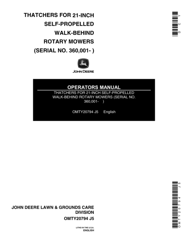 John Deere TY 13108 Thatcher, 21-Inch Walk Behind Mower Operator’s Manual (OMTY20794) Workshop Guide