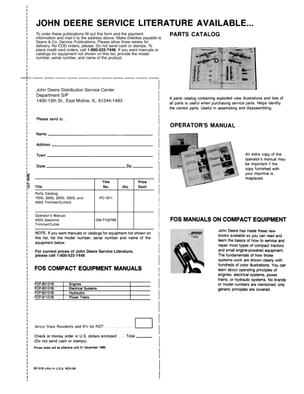 John Deere 450G Gas Trimmer/cutter (Subs with OMM122063) Operator’s Manual (OMTY20799) Workshop Guide