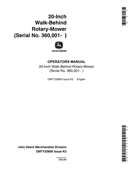 John Deere 20 Inch Rotary Mowers Operator’s Manual (OMTY20800) Workshop Guide
