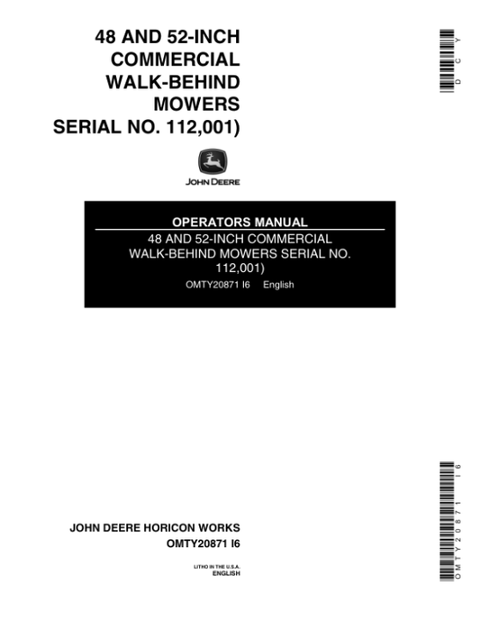 John Deere 48-Inch & 52-Inch Walk-Behind Commercial Mowers Operator’s Manual (OMTY20871) Workshop Guide
