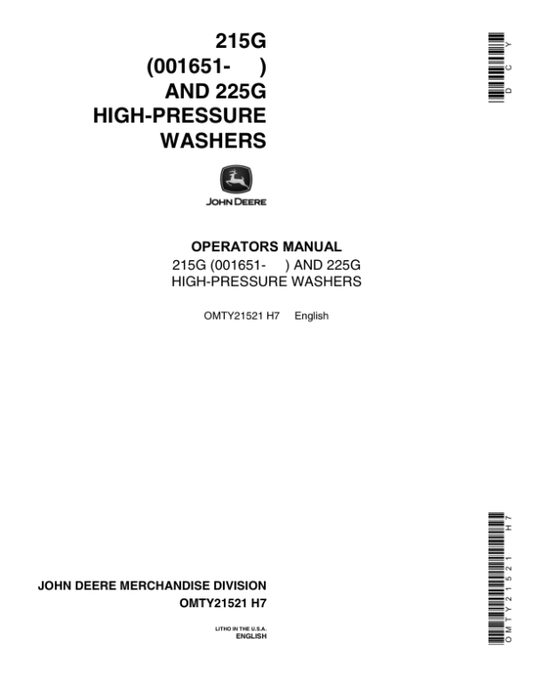 John Deere 215 & 225G HI-Pressure Washer Operator’s Manual (OMTY21521) Workshop Guide