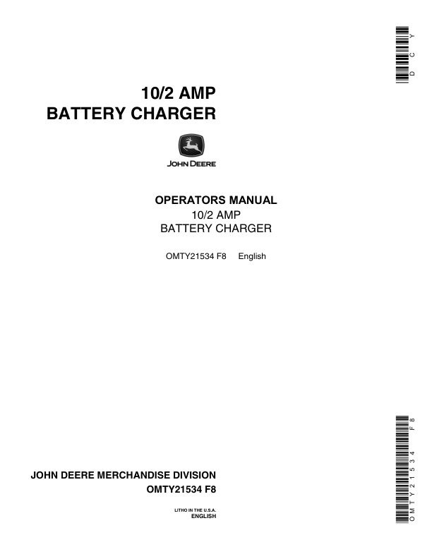 John Deere 10/2 Amp Battery Charger (TY6170) Operator’s Manual (OMTY21534) Workshop Guide