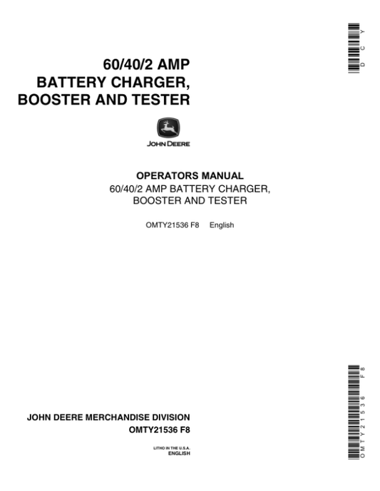 John Deere 60/40/2 Battery Charger Operator’s Manual (OMTY21536) Workshop Guide