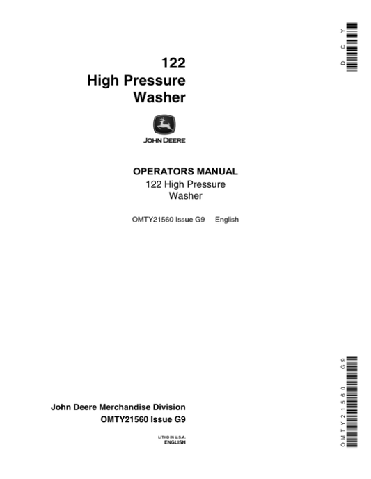 John Deere 122 High Pressure Washer Operator’s Manual (OMTY21560) Workshop Guide