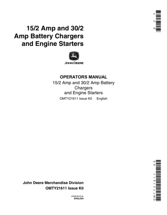 John Deere 15/2 & 30/2 AMP Battery Charger (TY6193) Operator’s Manual (OMTY21611) Workshop Guide