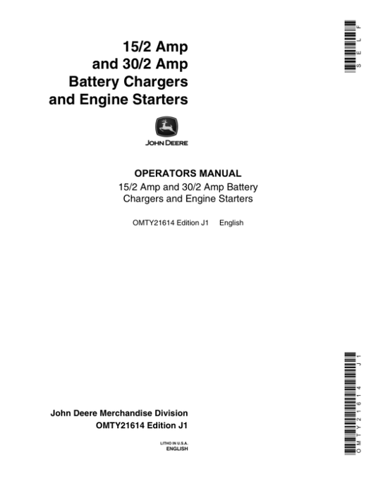 John Deere 15/2, 30/2 AMP Battery Charger Operator’s Manual (OMTY21614) Workshop Guide