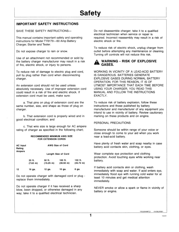 John Deere TY6179 (60/40/2 Amp) Battery Charger Operator’s Manual (OMTY21615) Workshop Guide