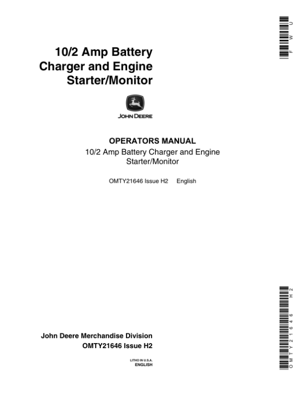John Deere OP MAN,10/2 AMPBATTERY CHARGER-FR/E Operator’s Manual (OMTY21646) Workshop Guide